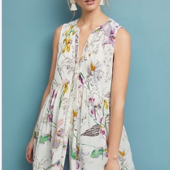 Anthropologie Nia White Floral Sleeveless Button Up Tunic Womens Size Large - Picture 2 of 9